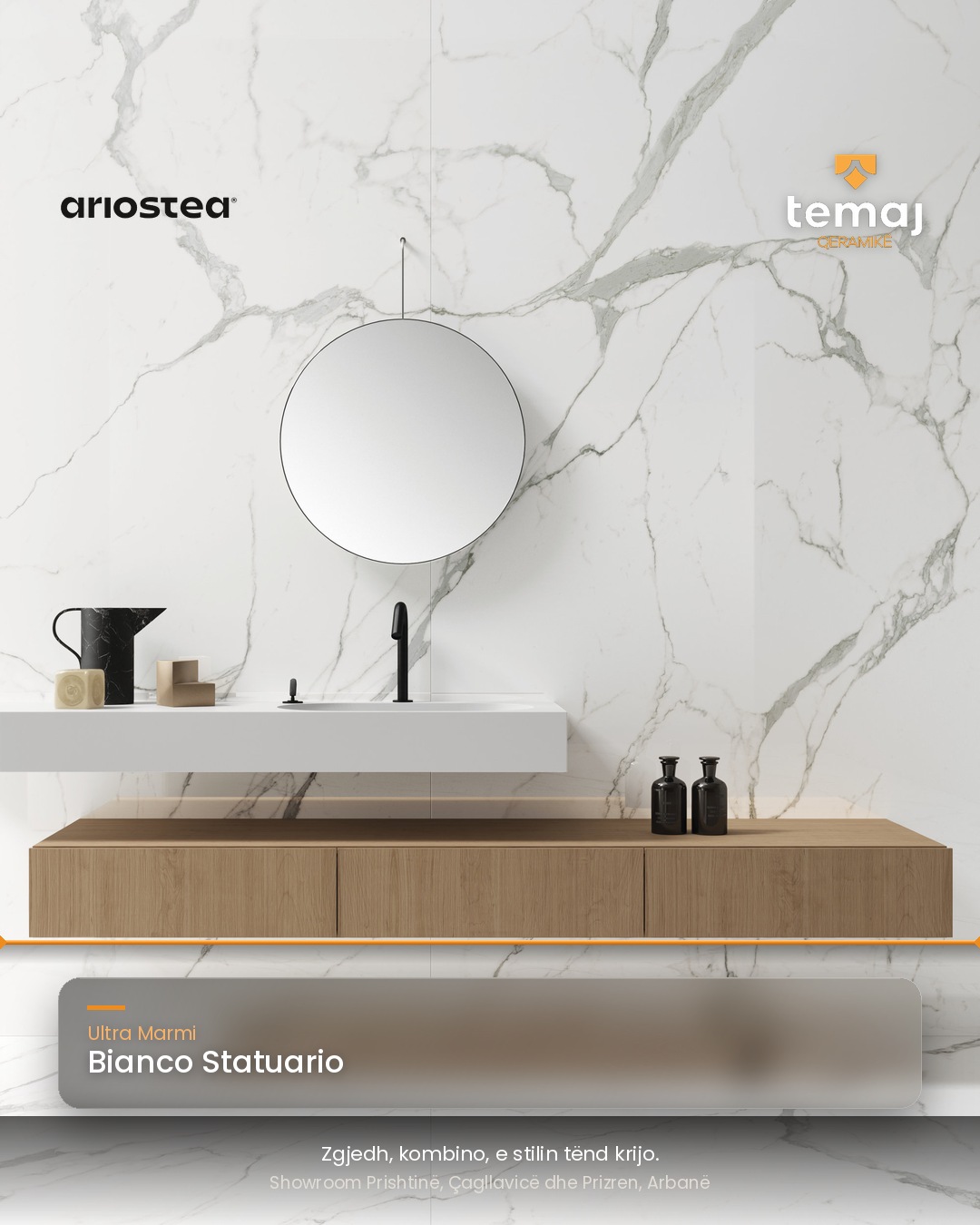 BIANCO STATUARIO me sfondin e tij të pastër të bardhë dhe