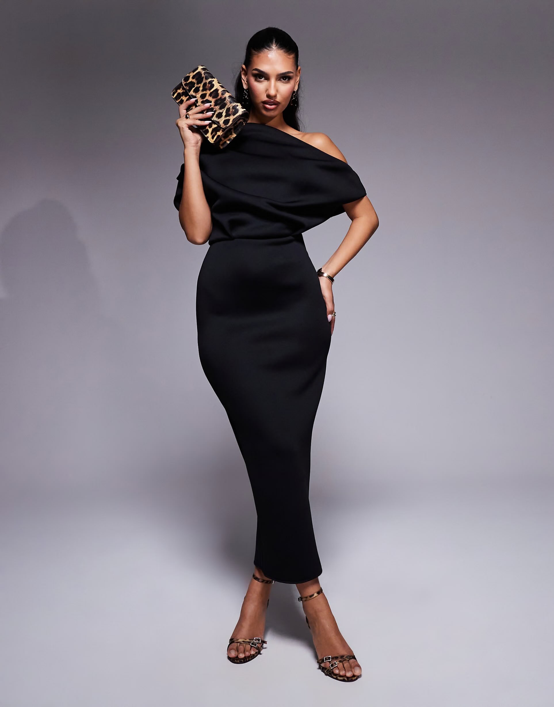 Dramatic neckline midi dress in black scuba-style fabric – CHERISH STORE