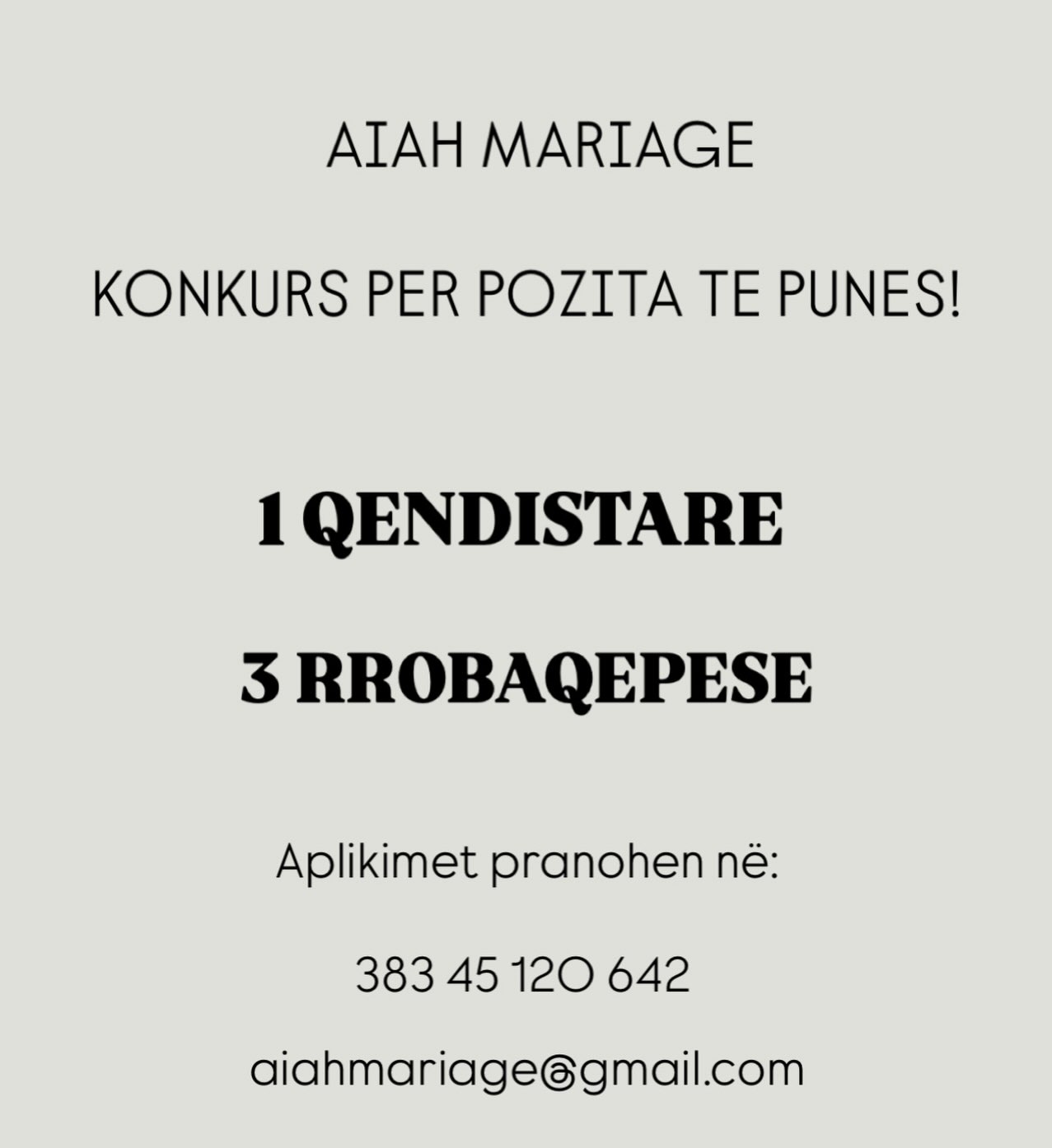 Konkurs pune për qëndistare dhe rrobaqepëse – Aiah Mariage