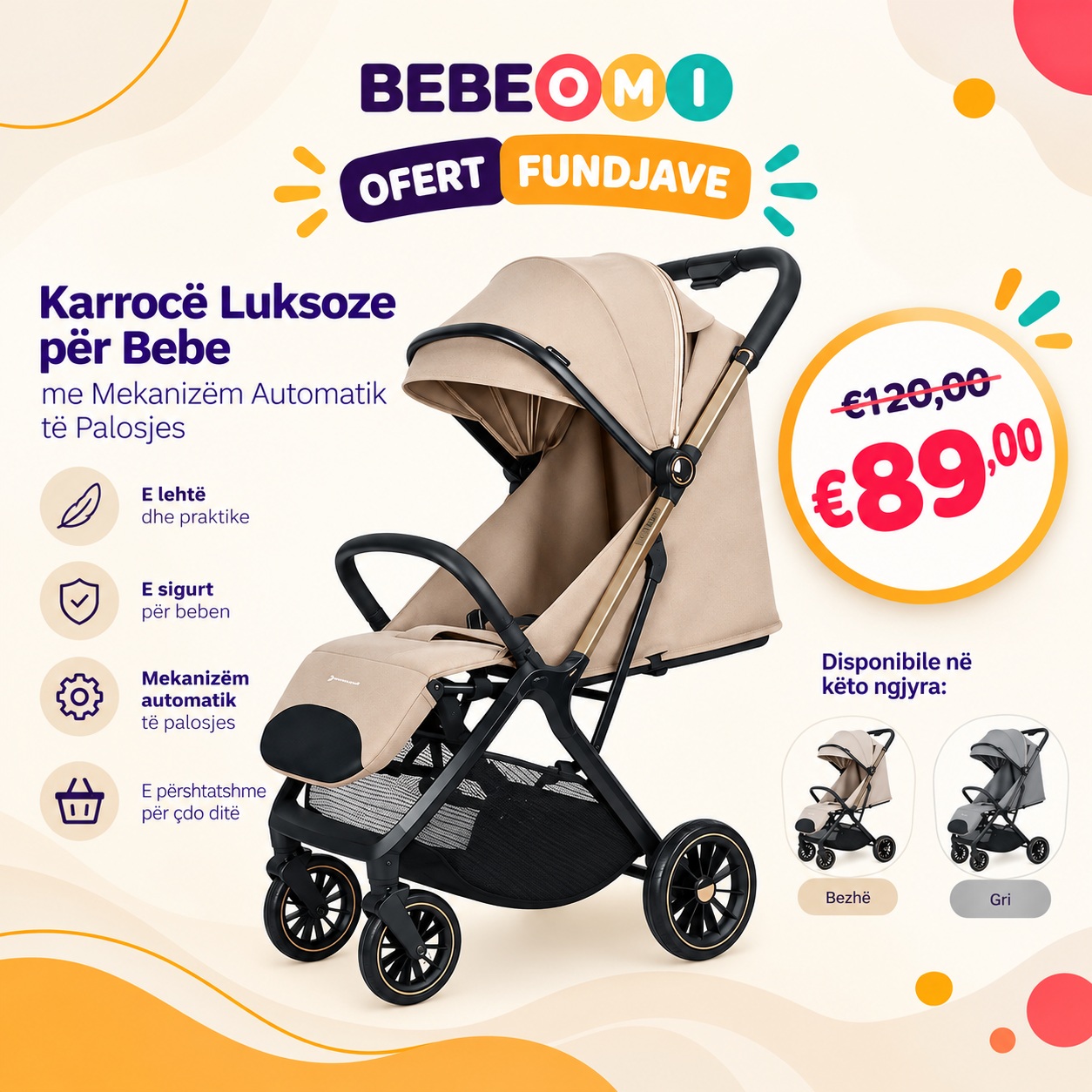 Karrocë luksoze për bebe me palosje automatike – Baby Shop Bebeomi®️Threebaby