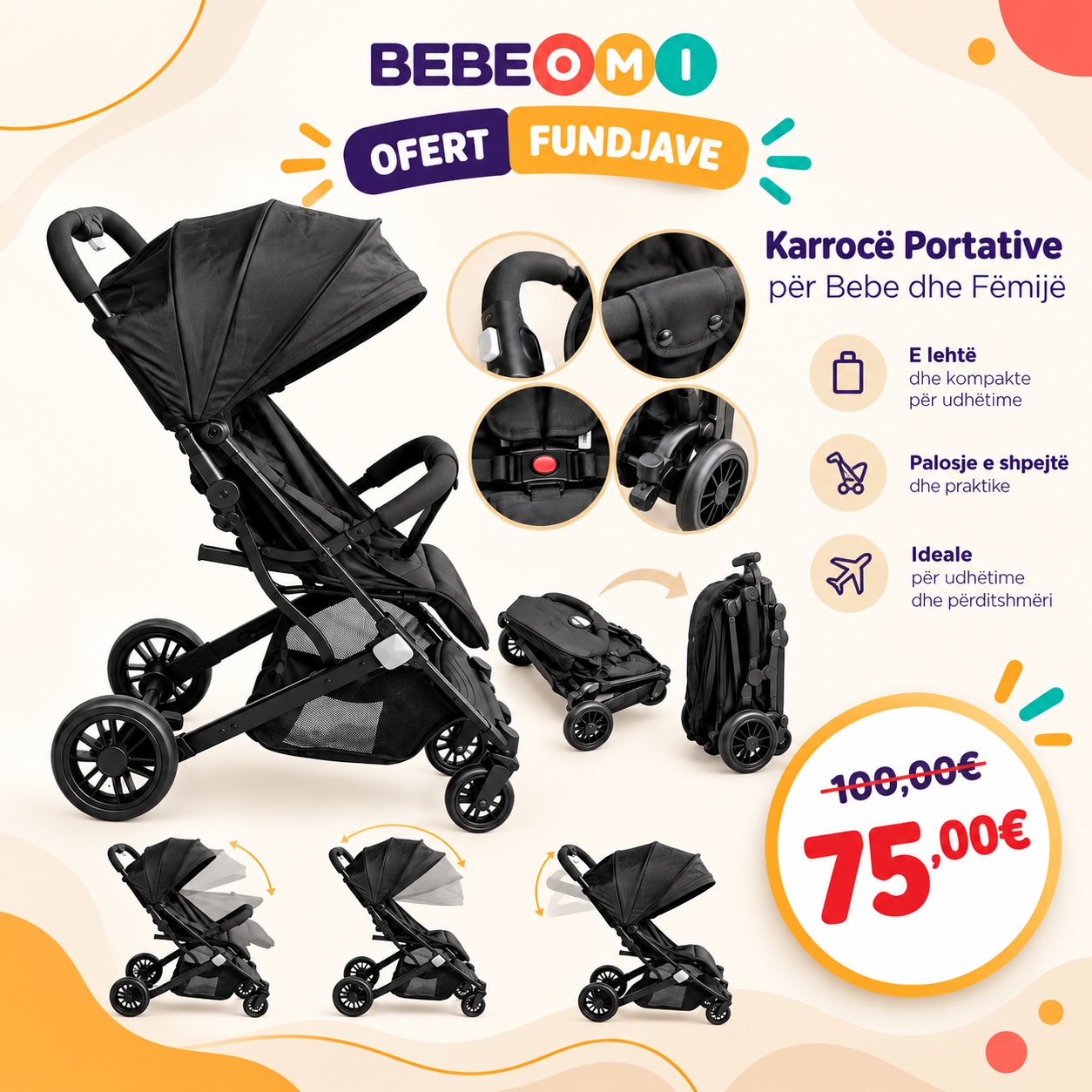 Karrocë luksoze për bebe me palosje automatike – Baby Shop Bebeomi®️Threebaby (2)