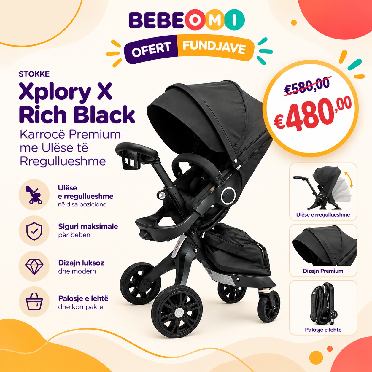 Karrocë luksoze për bebe me palosje automatike – Baby Shop Bebeomi®️Threebaby (3)