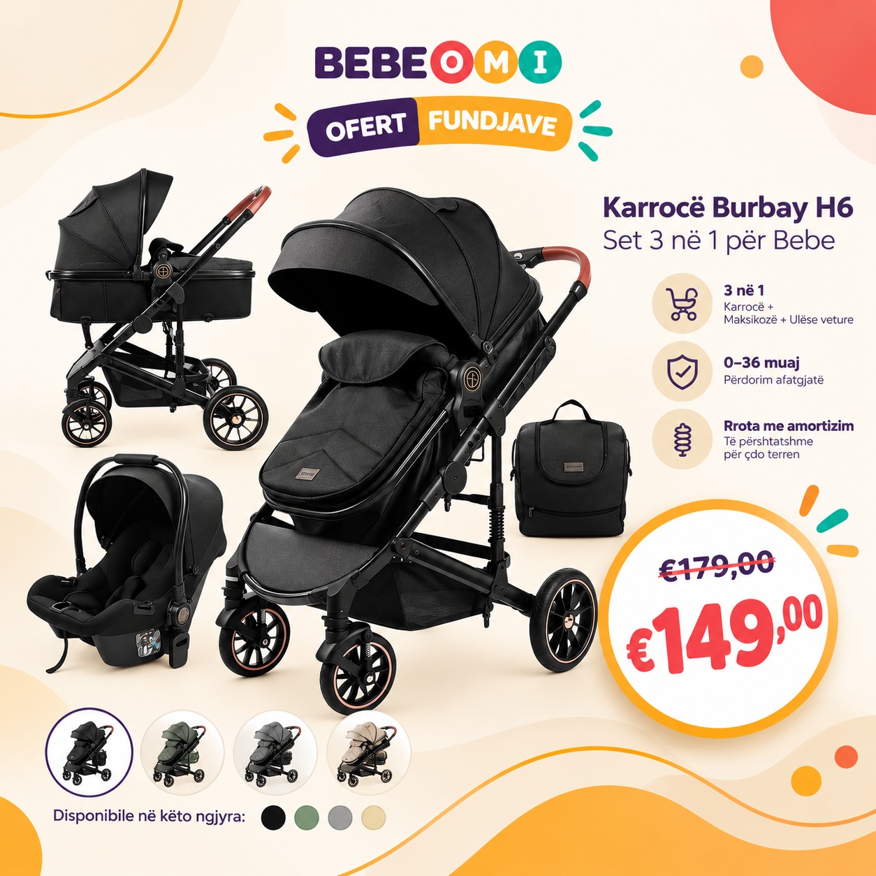 Karrocë luksoze për bebe me palosje automatike – Baby Shop Bebeomi®️Threebaby (4)