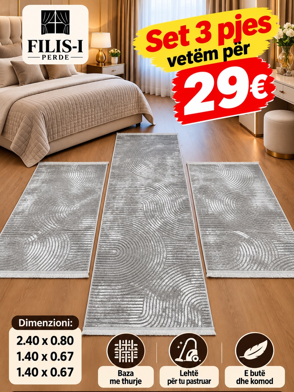 Set tepihash 3 pjesë krem me motive valësh – Salloni i Tepihave “BenoBeko” (2)