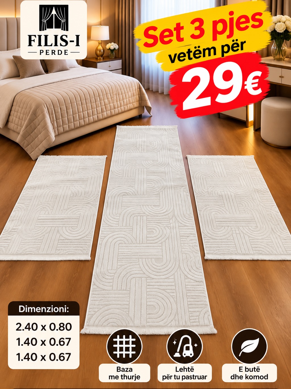 Set tepihash 3 pjesë krem me motive valësh – Salloni i Tepihave “BenoBeko” (3)