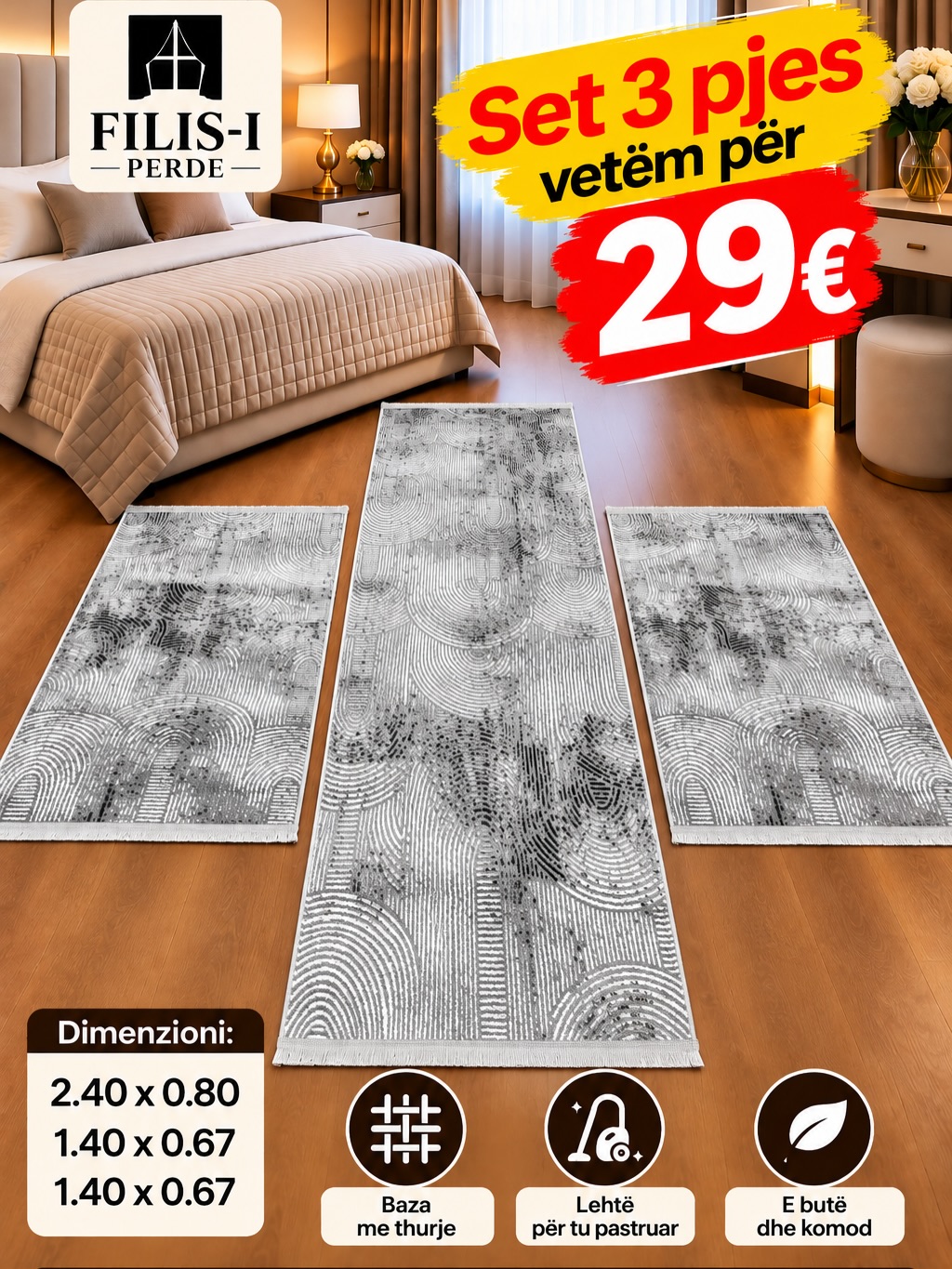 Set tepihash 3 pjesë krem me motive valësh – Salloni i Tepihave “BenoBeko” (4)