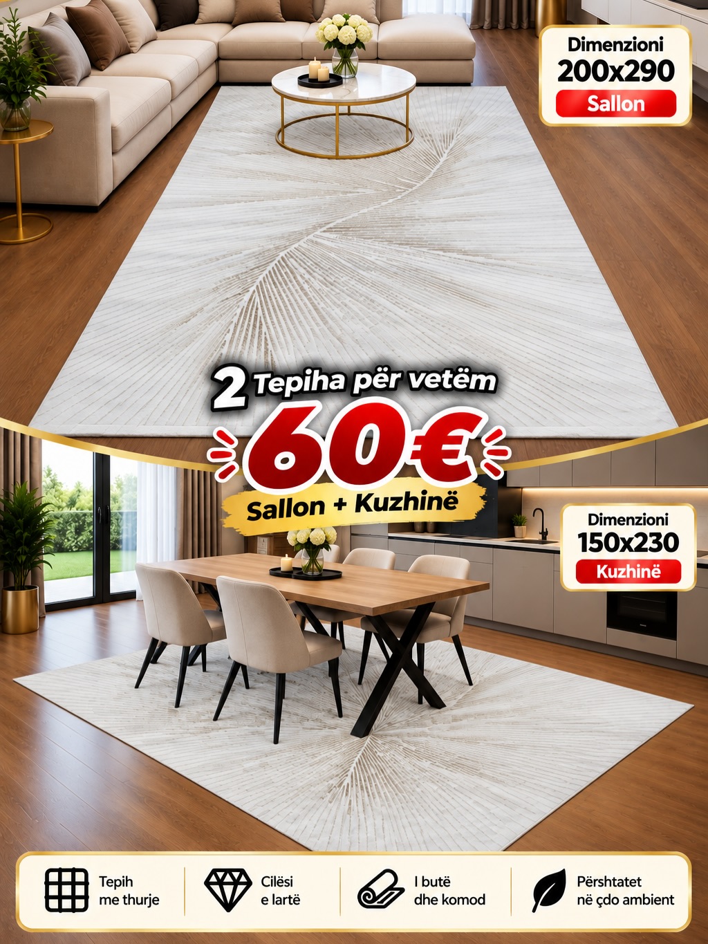 Set 2 tepihash krem për sallon dhe kuzhinë – Salloni i Tepihave “BenoBeko”