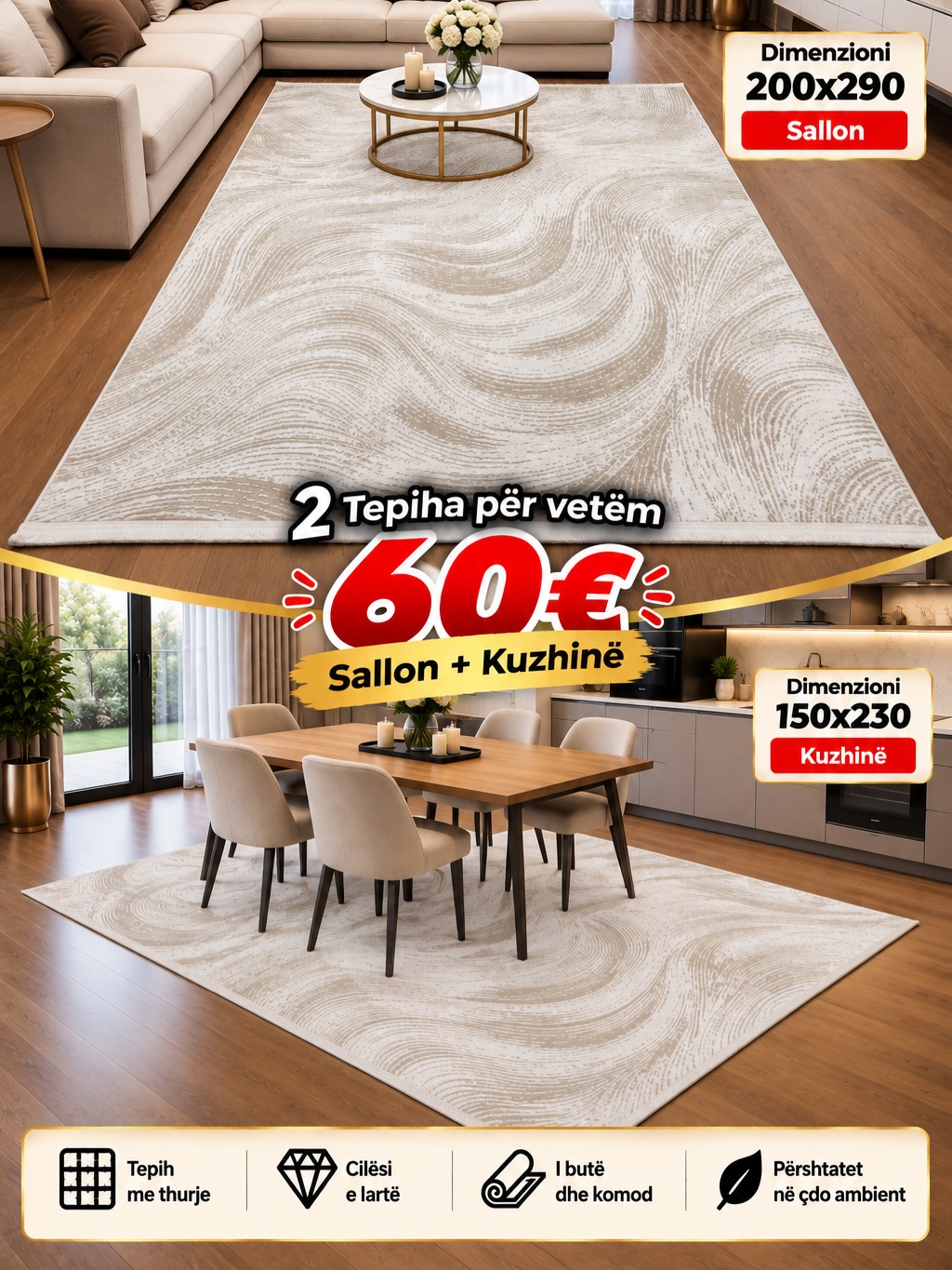 Set 2 tepihash krem për sallon dhe kuzhinë – Salloni i Tepihave “BenoBeko” (2)