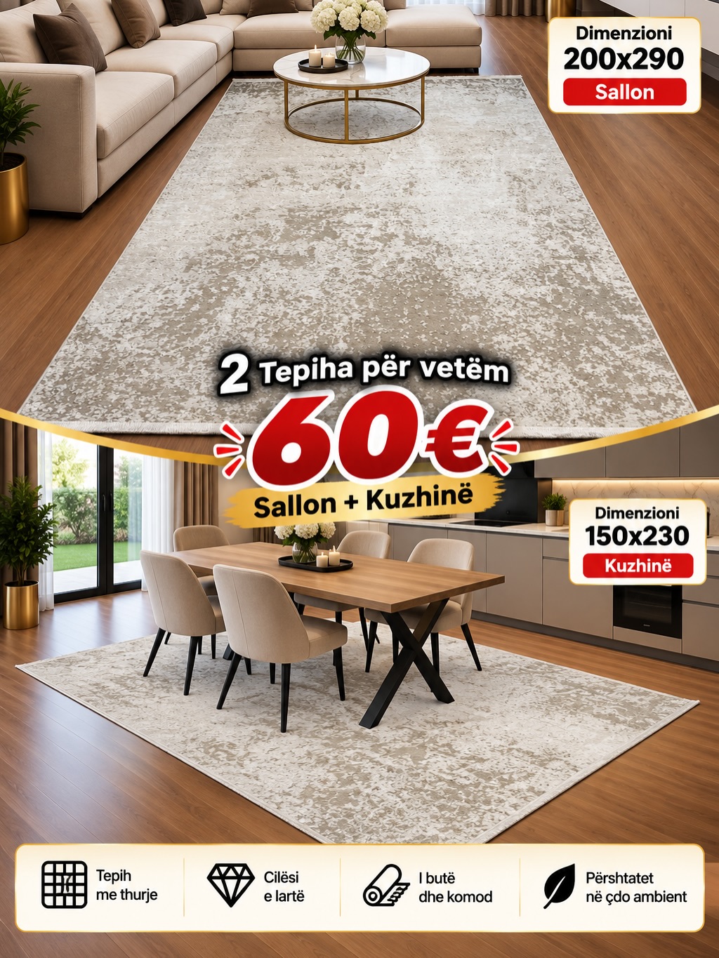 Set 2 tepihash krem për sallon dhe kuzhinë – Salloni i Tepihave “BenoBeko” (3)