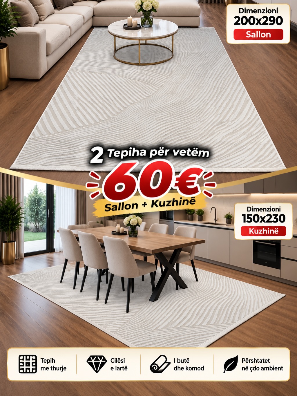 Set 2 tepihash krem për sallon dhe kuzhinë – Salloni i Tepihave “BenoBeko” (4)