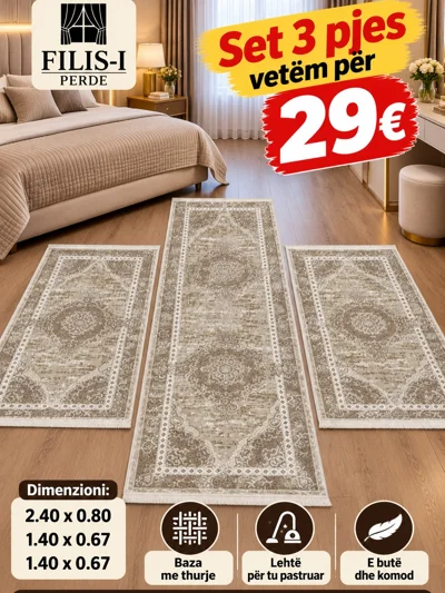 Set tepihash 3 pjesë bezhë me motive klasike