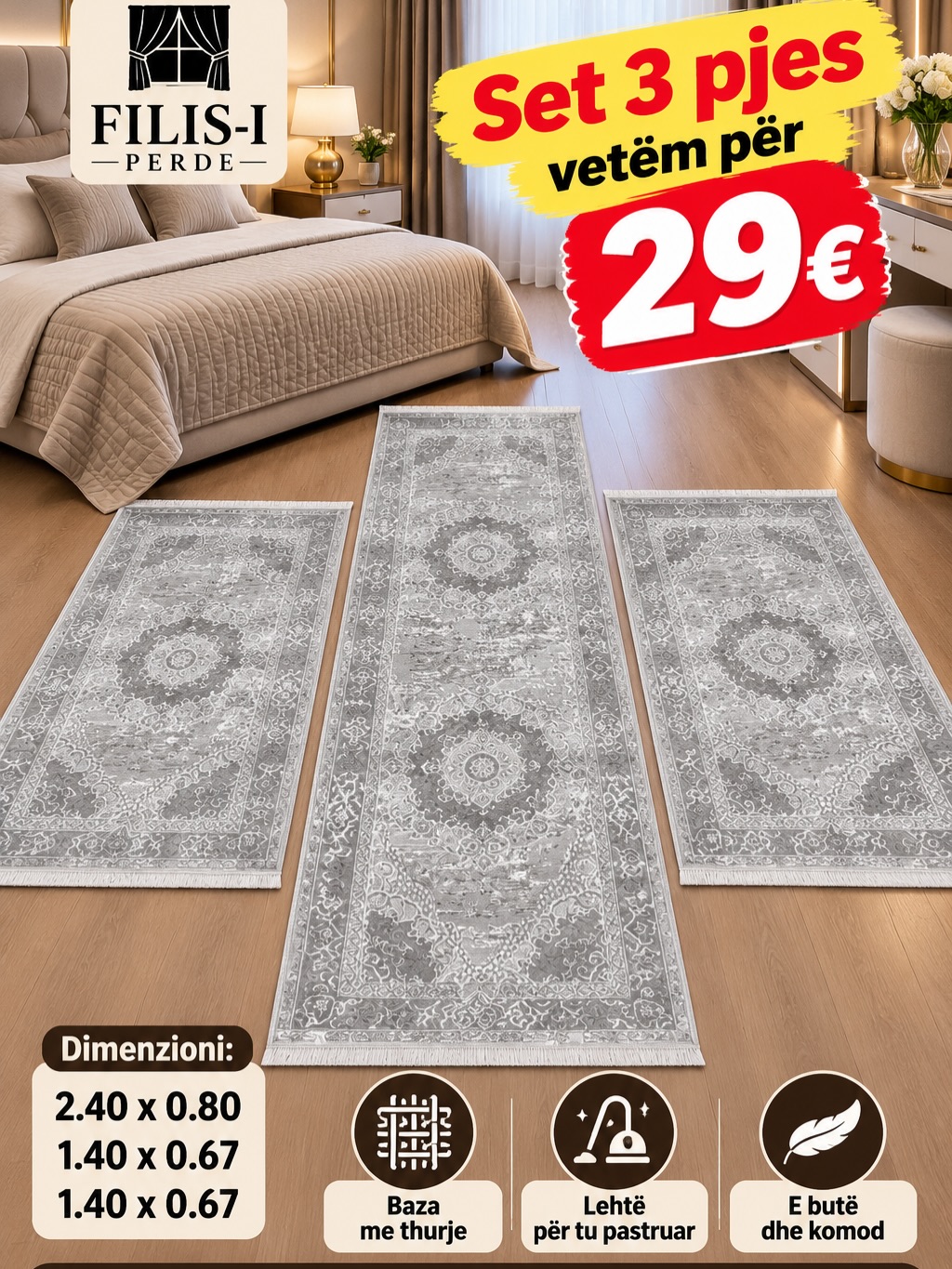 Set tepihash 3 pjesë bezhë me motive klasike – Salloni i Tepihave “BenoBeko” (2)
