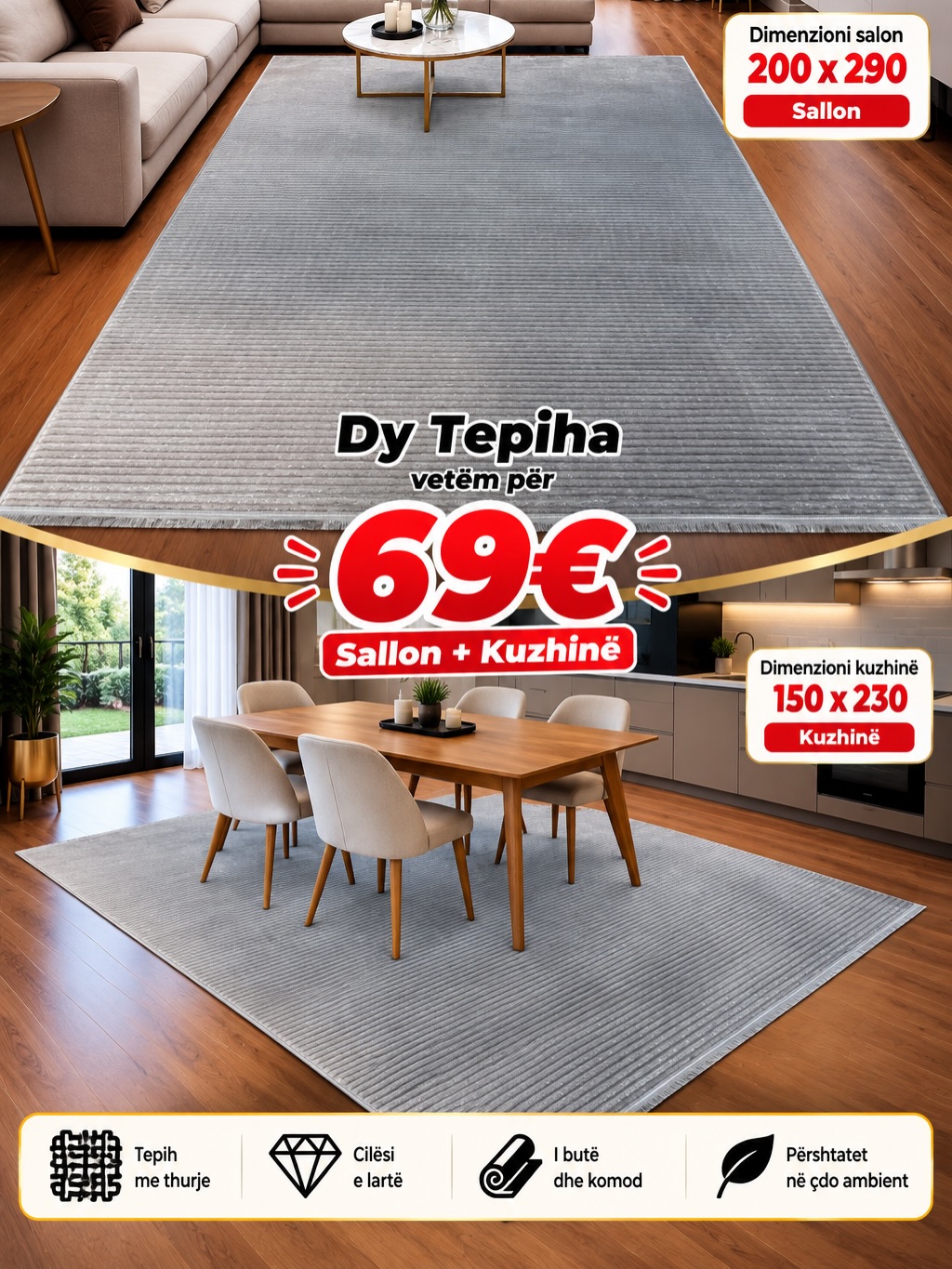 Set 2 tepihash gri për sallon dhe kuzhinë – Salloni i Tepihave “BenoBeko”