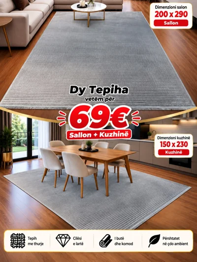 Set 2 tepihash gri për sallon dhe kuzhinë