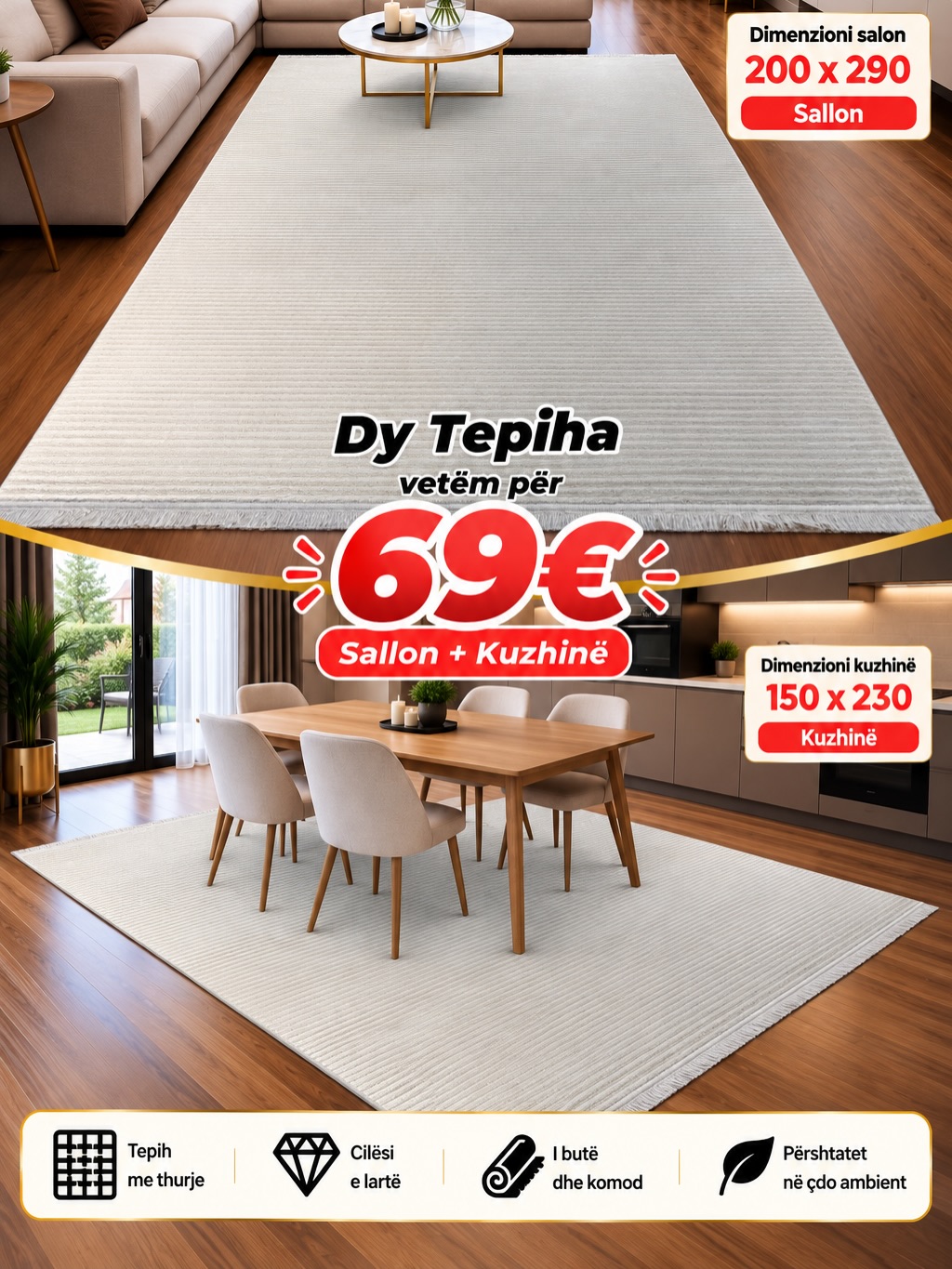 Set 2 tepihash gri për sallon dhe kuzhinë – Salloni i Tepihave “BenoBeko” (2)