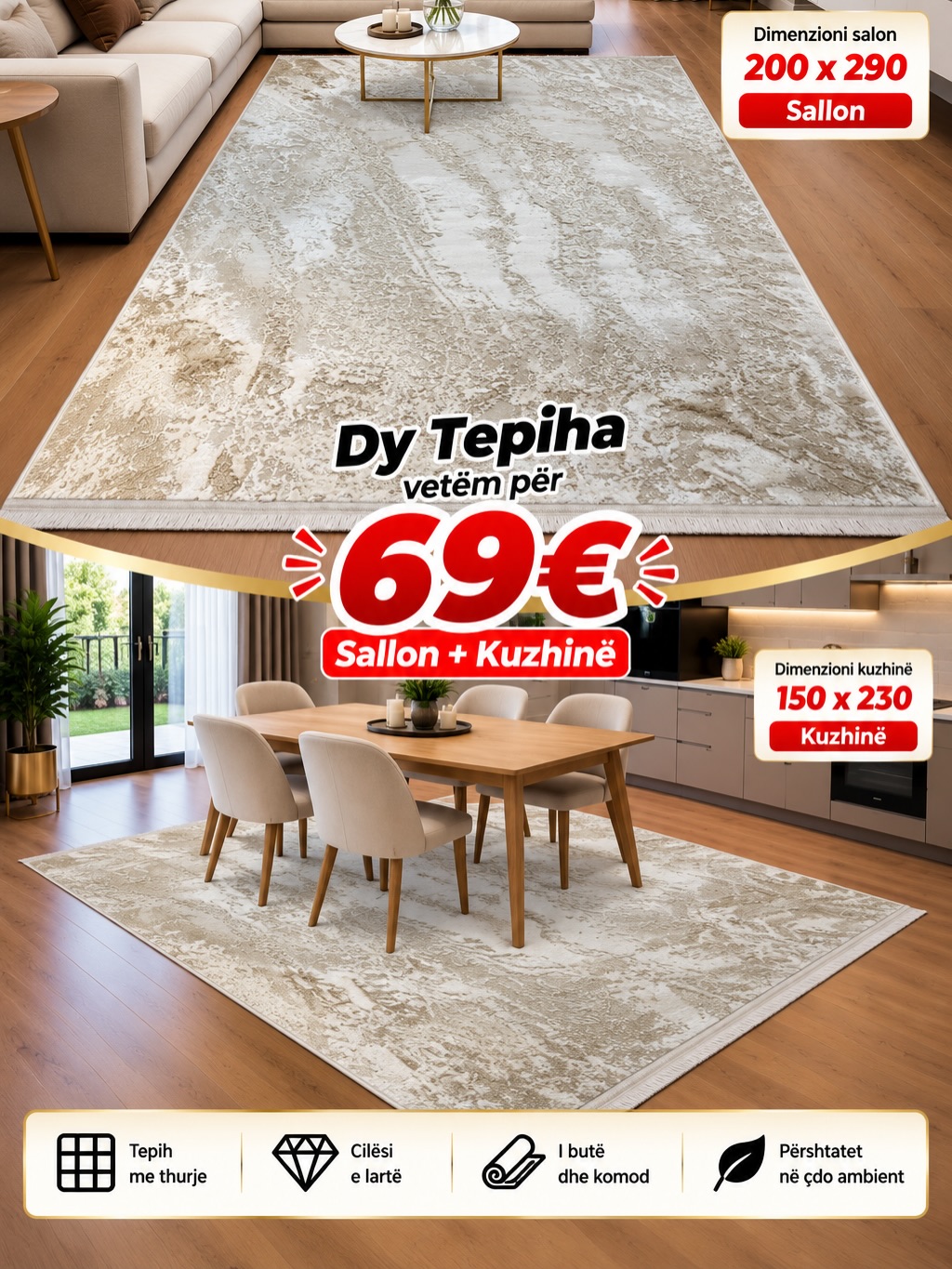 Set 2 tepihash gri për sallon dhe kuzhinë – Salloni i Tepihave “BenoBeko” (3)
