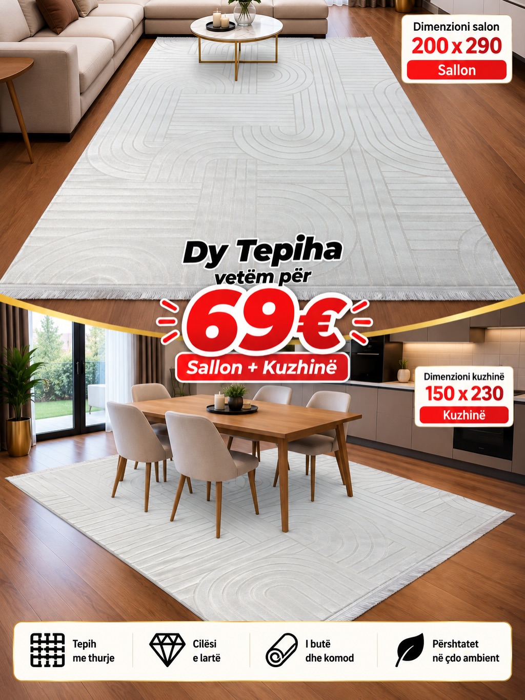 Set 2 tepihash gri për sallon dhe kuzhinë – Salloni i Tepihave “BenoBeko” (4)