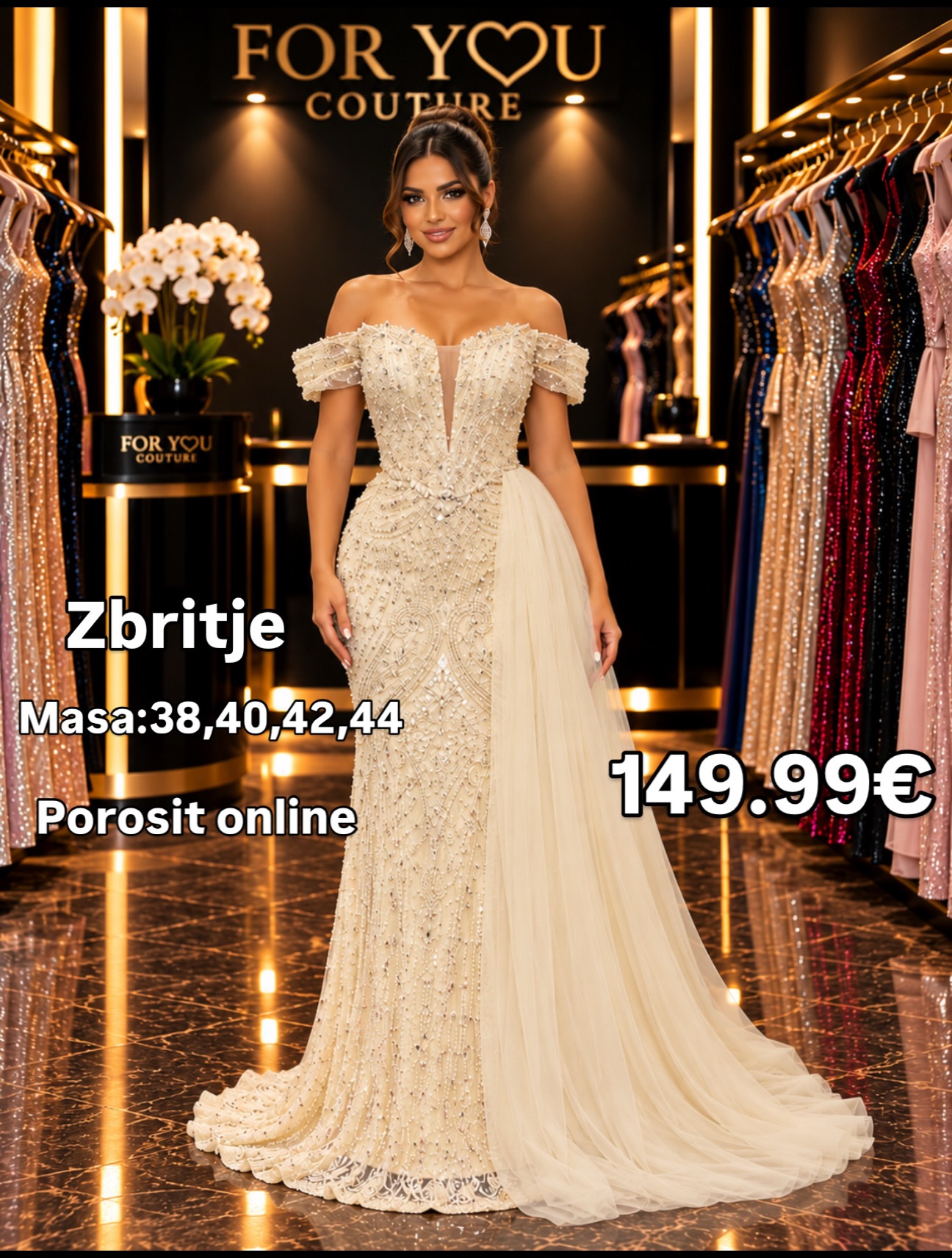 Fustan mbrëmjeje krem pa shpatulla, masat 38-44 – Boutique FOR YOU 1 Pejë🛍️