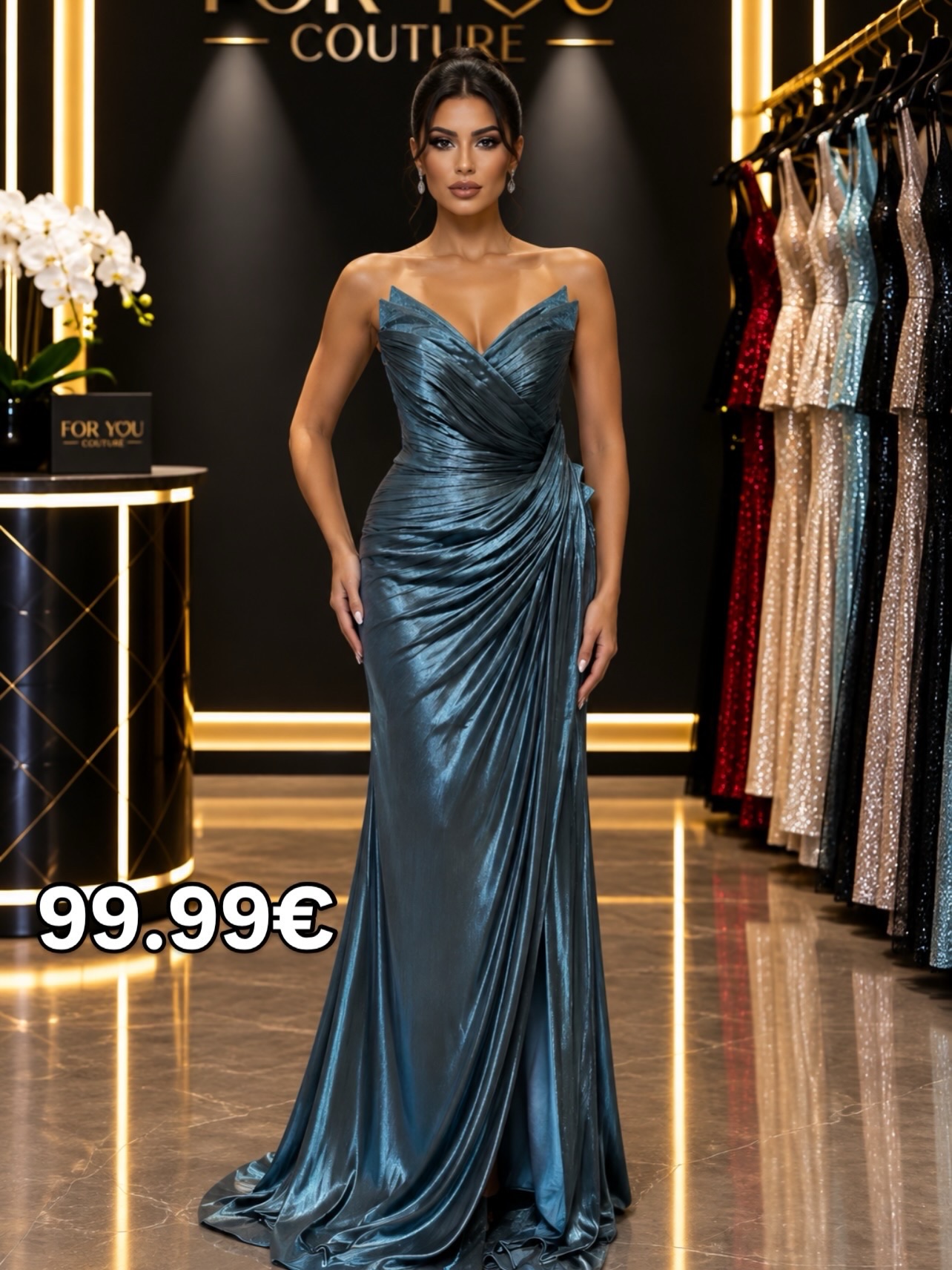 Fustan mbrëmjeje bezhë pa shpatulla me drapim – Boutique FOR YOU 1 Pejë🛍️ (3)