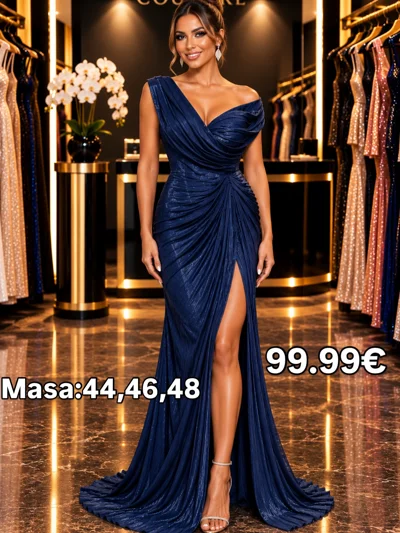 Fustan mbrëmjeje blu i errët me çarje