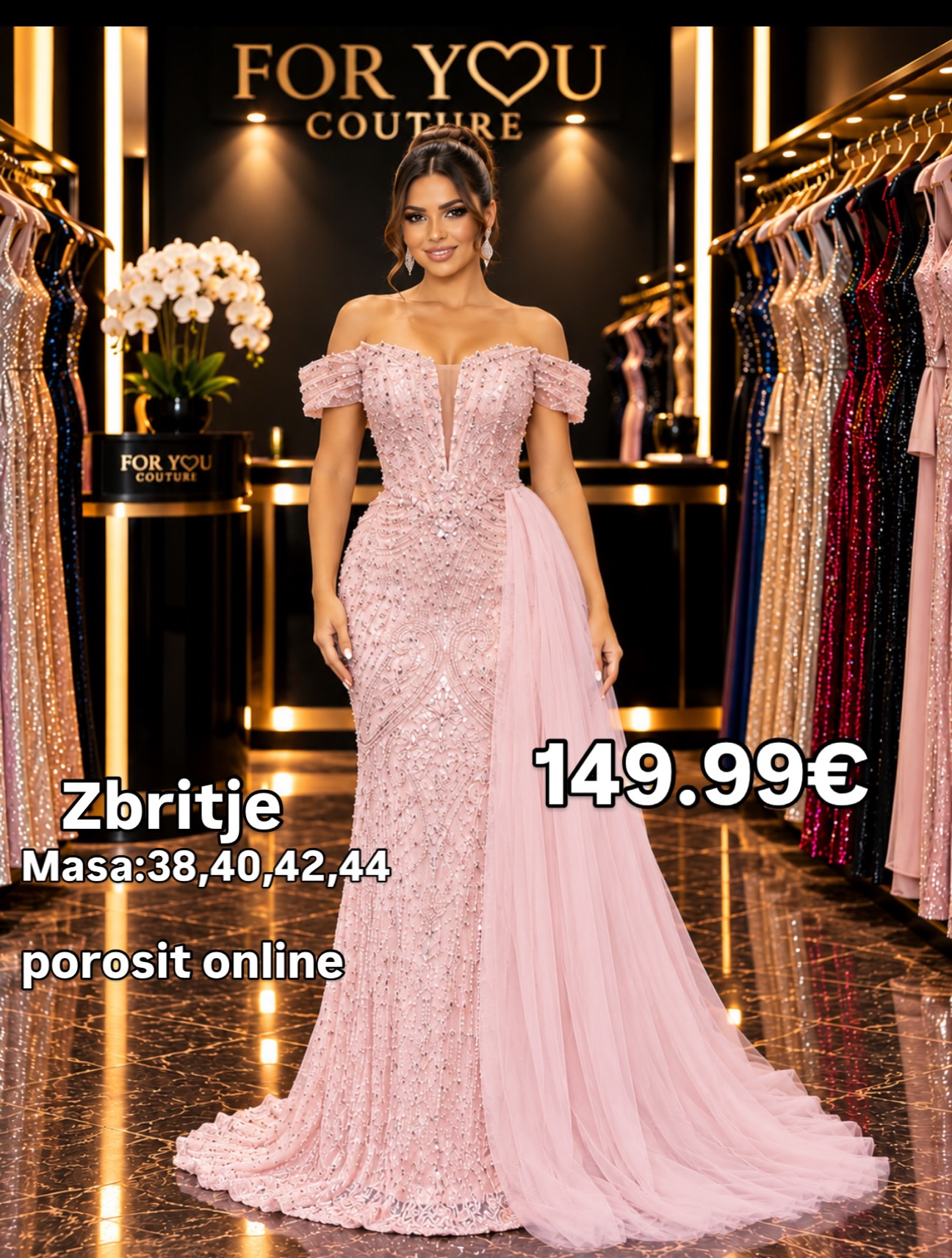 Fustan mbrëmjeje rozë pa shpatulla, masat 38-44 – Boutique FOR YOU 1 Pejë🛍️