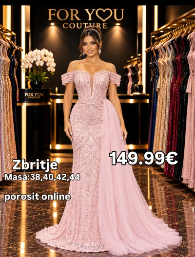 Fustan mbrëmjeje rozë pa shpatulla, masat 38-44