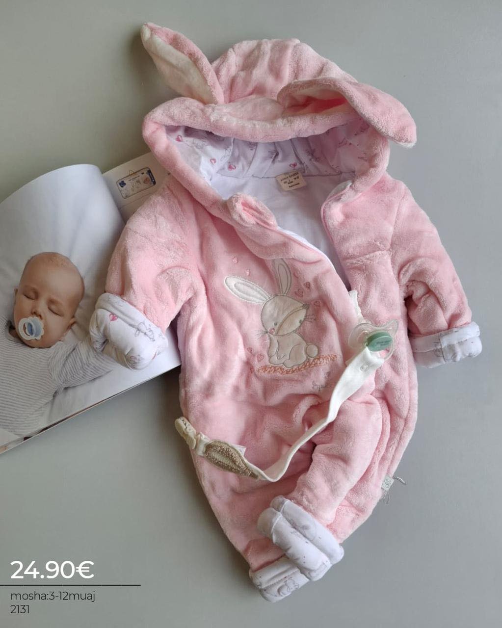 Kombinezon rozë me veshë lepuri për bebe – Caramell Kids