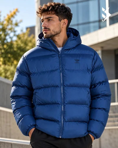 Jakne adidas Originals blu me kapuç për meshkuj