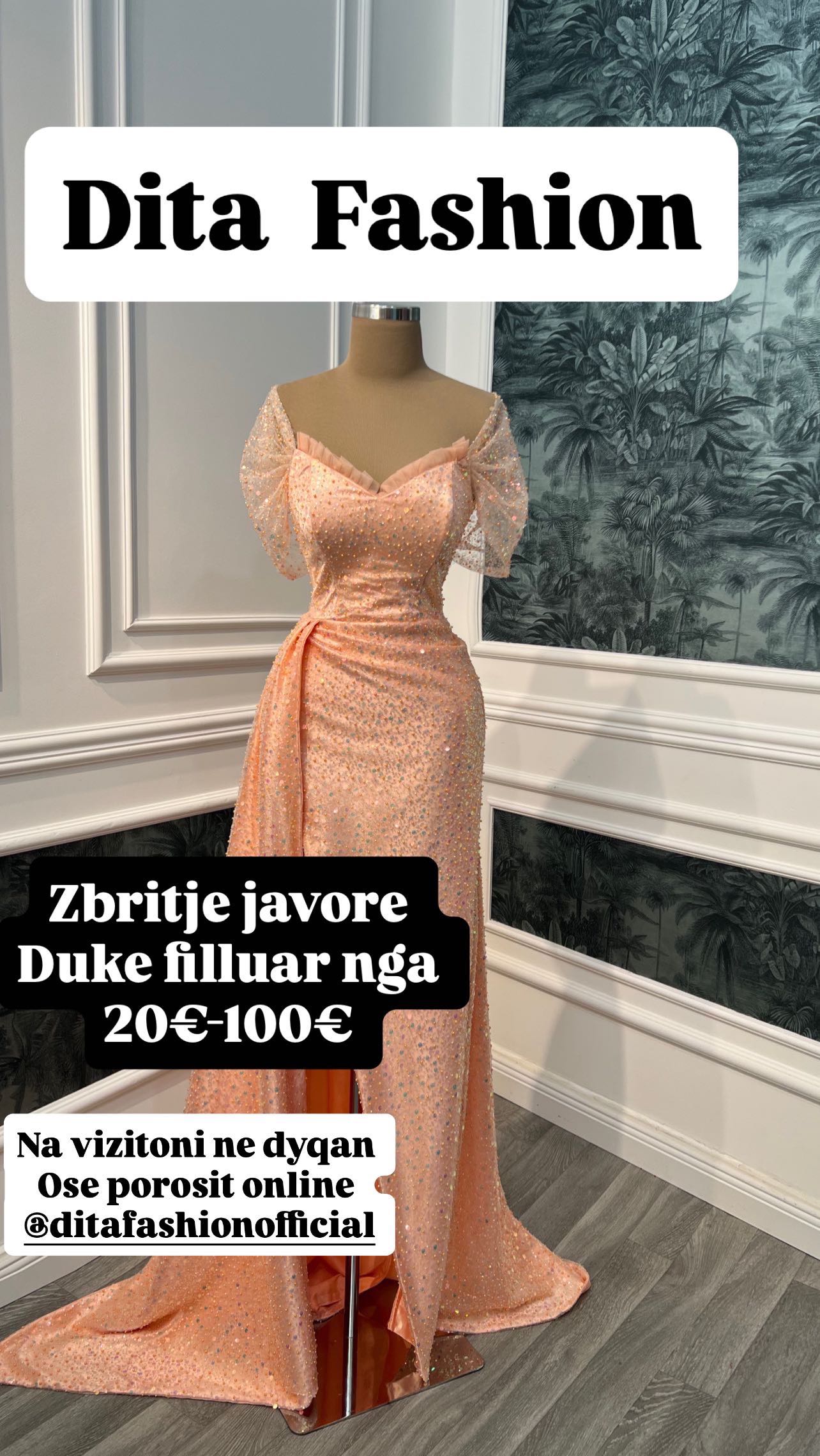 Fustan mbrëmjeje portokalli i çelët me dantellë – DITA FASHION