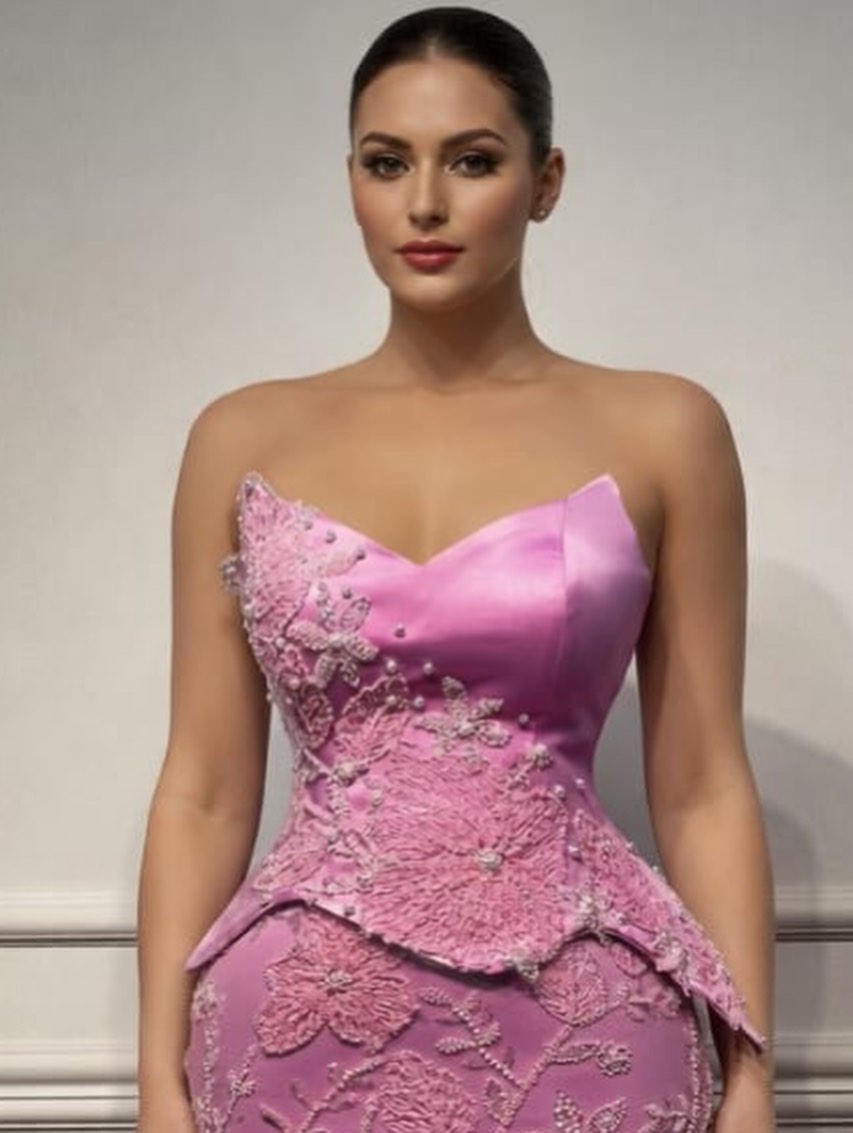Fustan i gjatë rozë me dantellë dhe peplum – DITA FASHION (2)