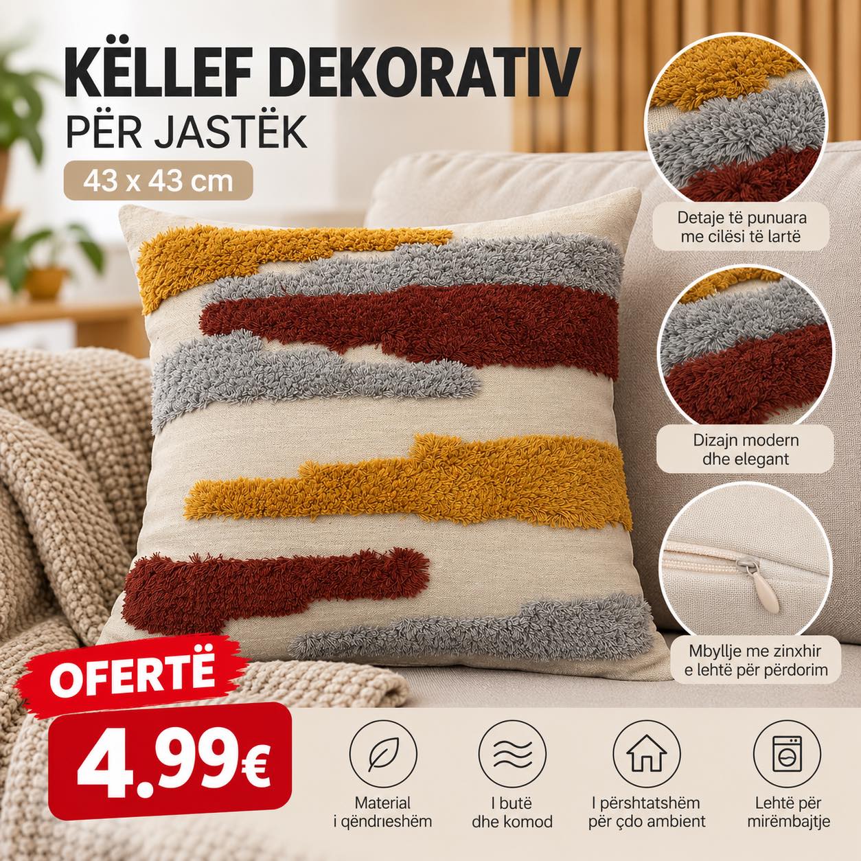 Këllëf jastëku dekorativ 43x43 cm – DOMI HOME