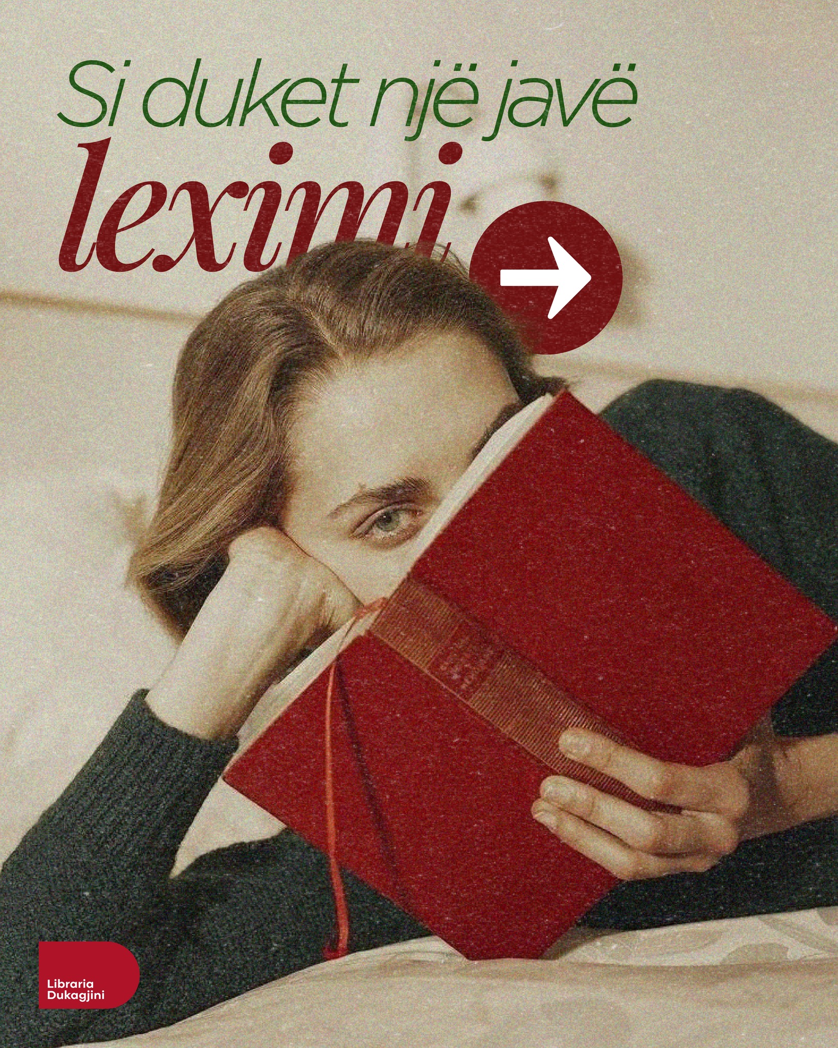 Grua duke lexuar libër me kapak të kuq – Dukagjini Bookstore