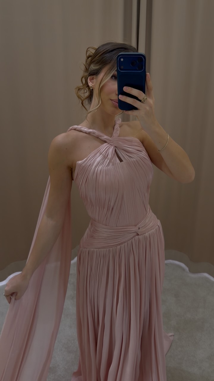 Fustan i gjatë rozë halter me pelerinë – EL Couture