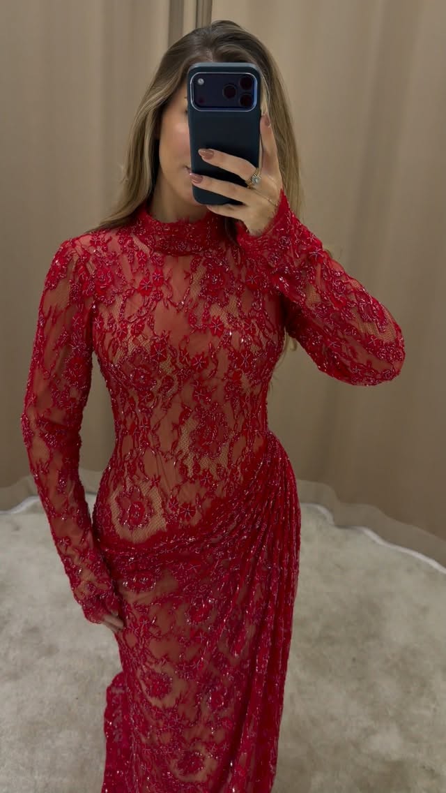 Fustan i kuq dantelle me mëngë të gjata – EL Couture