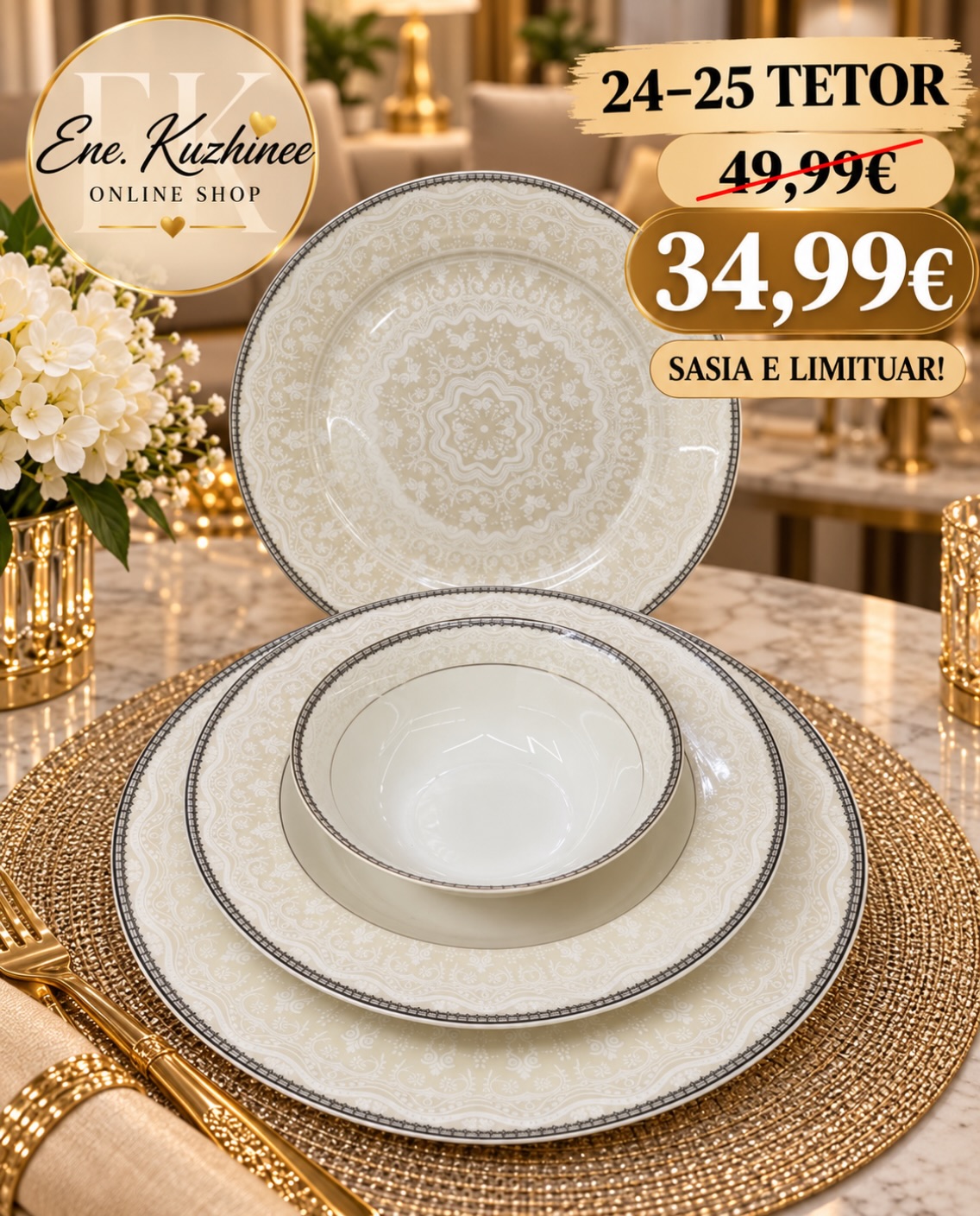 Set pjatash porcelani me motive dhe buzë argjendi – ene.kuzhinee
