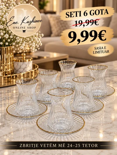 Set 6 gota çaji me pjata me buzë ari