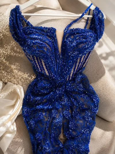 Fustan blu mbretëror me shkëlqim plus size