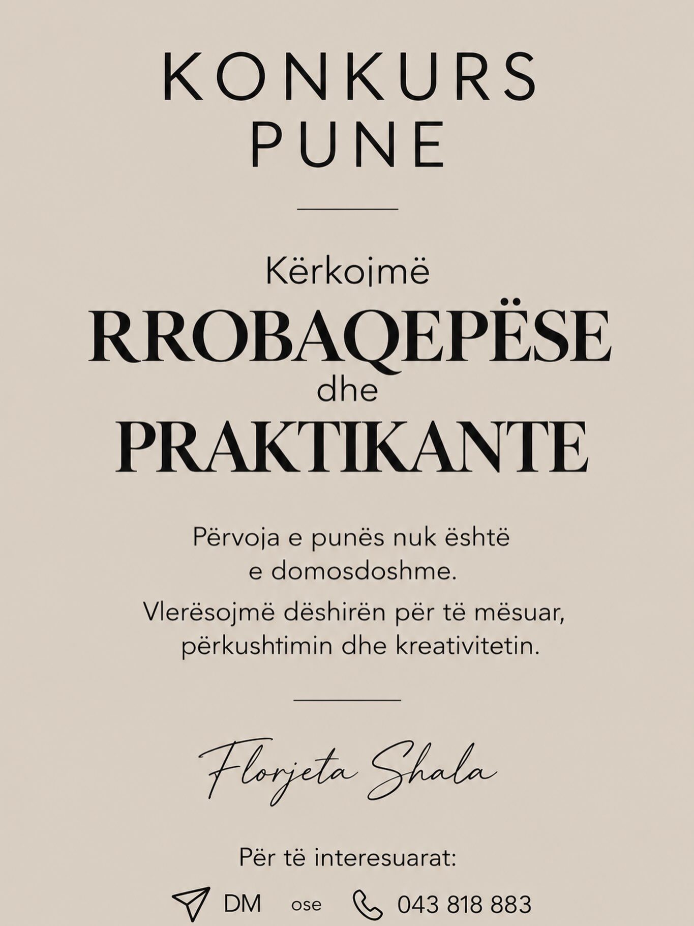 Konkurs pune për rrobaqepëse dhe praktikante – Florjeta Shala