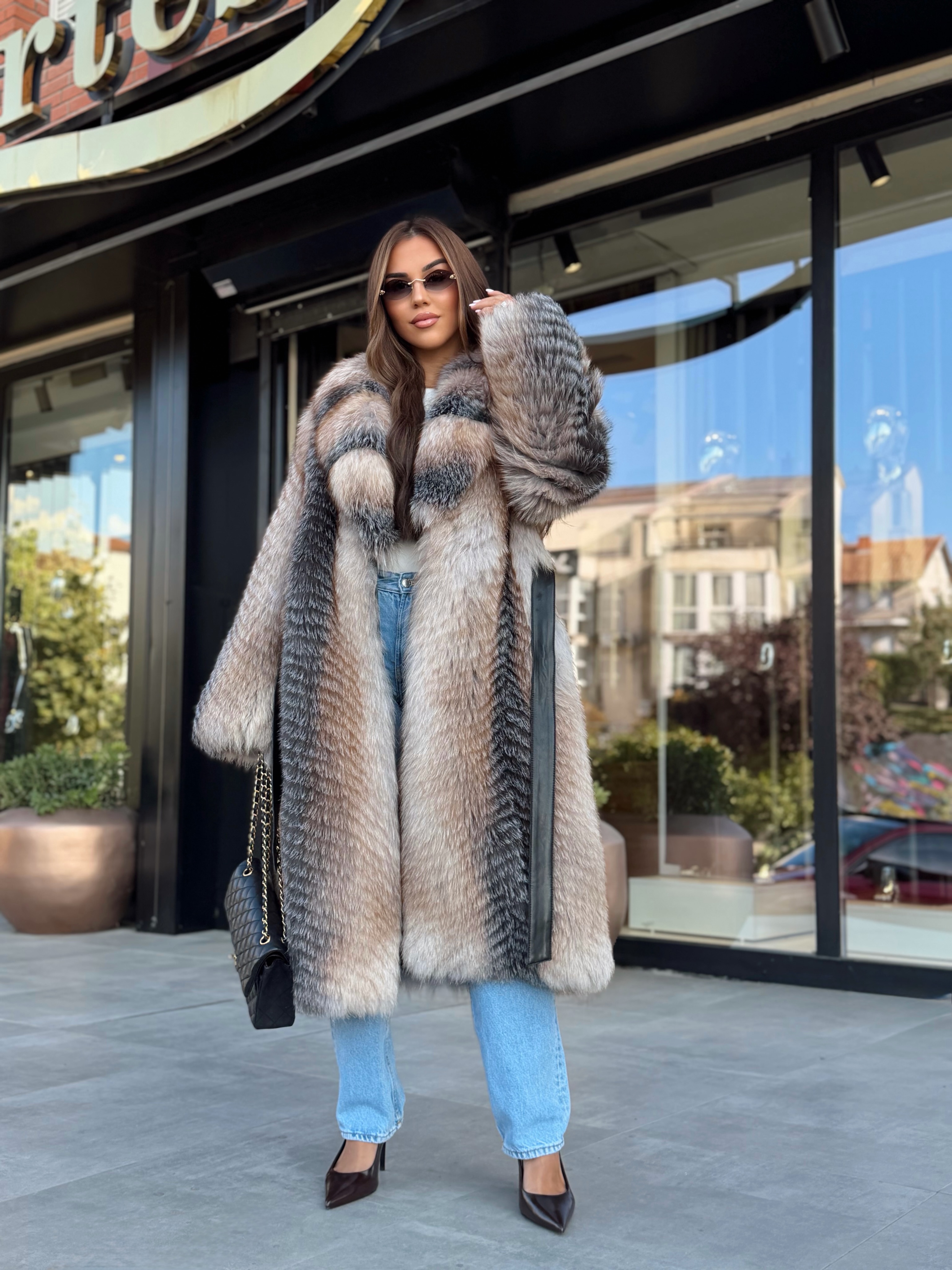 Pallto gëzofi kafe e çelët me vija – fortesa__boutique