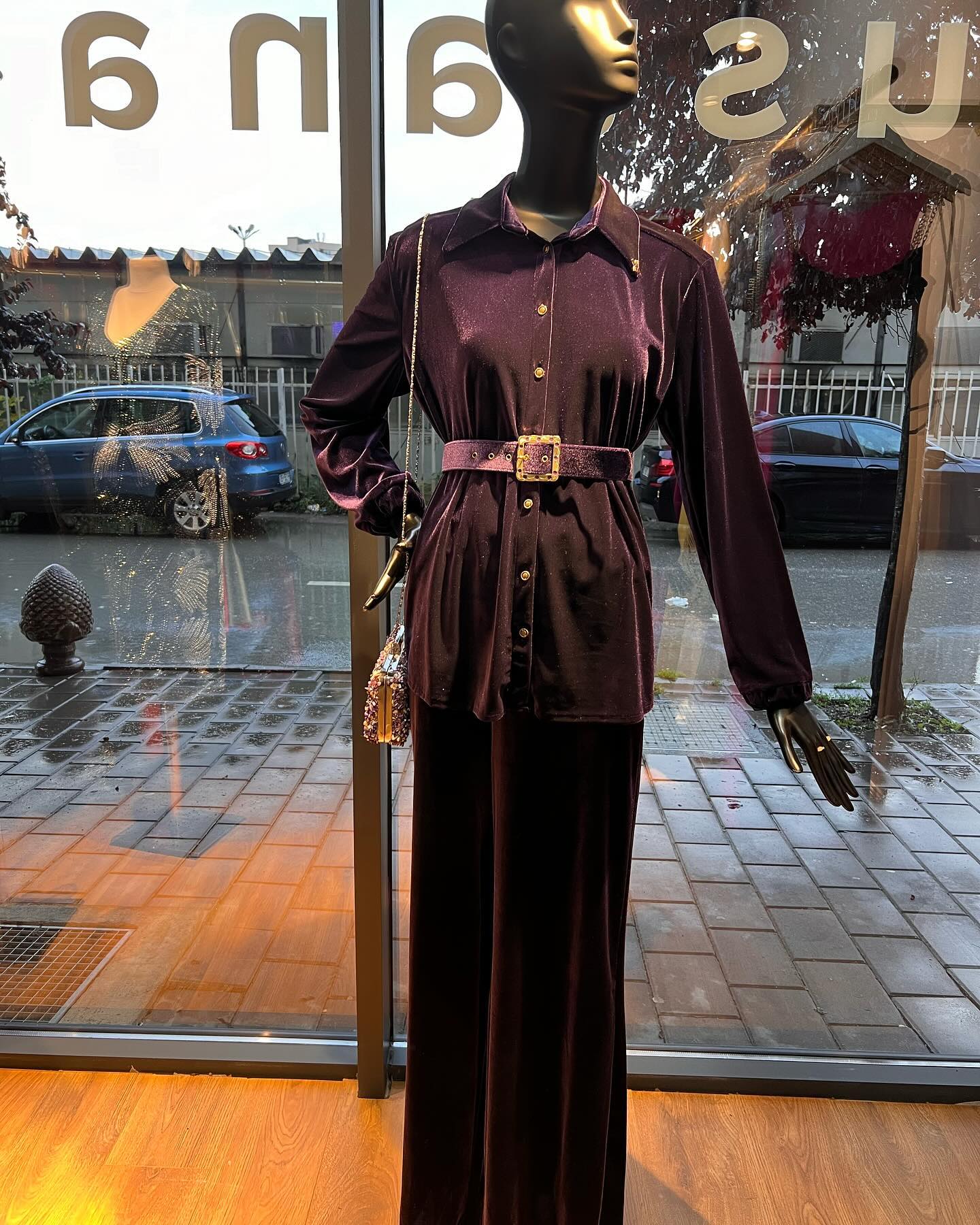Komplet kadifeje bordo me këmishë, nr 36-40 – Perla Fashion 💎