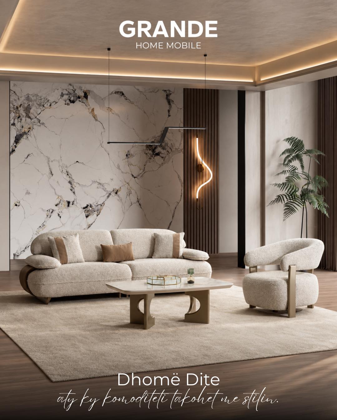 Dhomë dite me kauç të bardhë dhe kolltuk – Grande Home Mobile