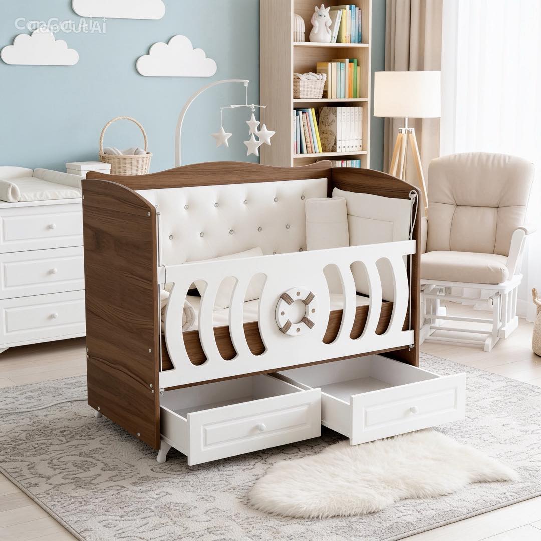 Shtrat për bebe ngjyrë arre me sirtarë – happybabyshoop