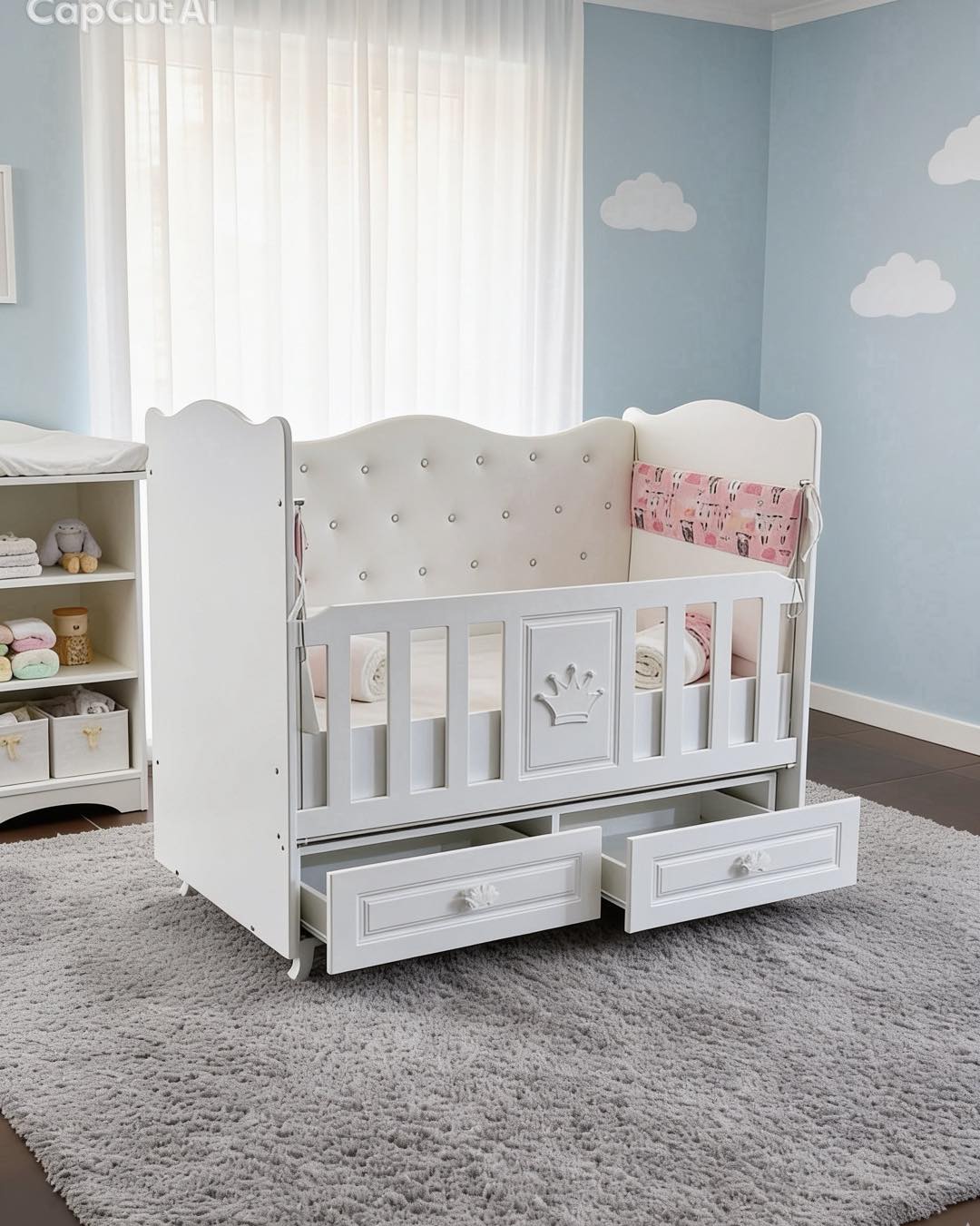 Shtrat për bebe i bardhë me kurorë dhe sirtarë – happybabyshoop