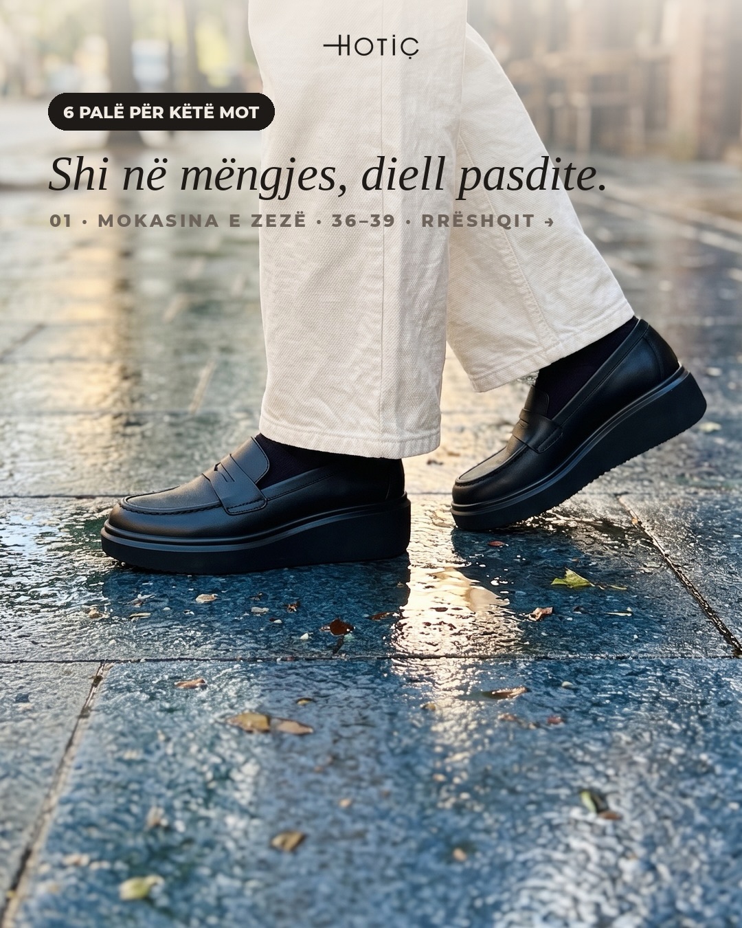 Mokasina të zeza lëkure me shollë të trashë – HOTIÇ Shoes