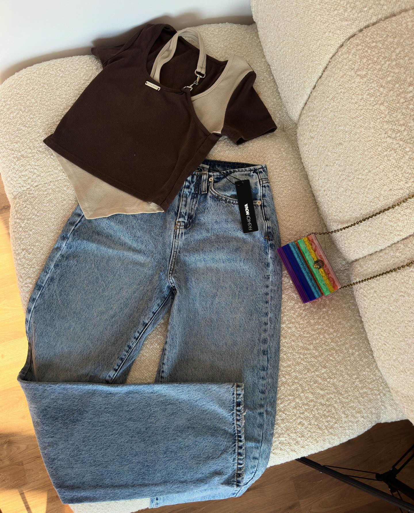 Bluzë crop kafe dhe xhinse, masa S dhe 34 – Kiki & Koko Clothing Store