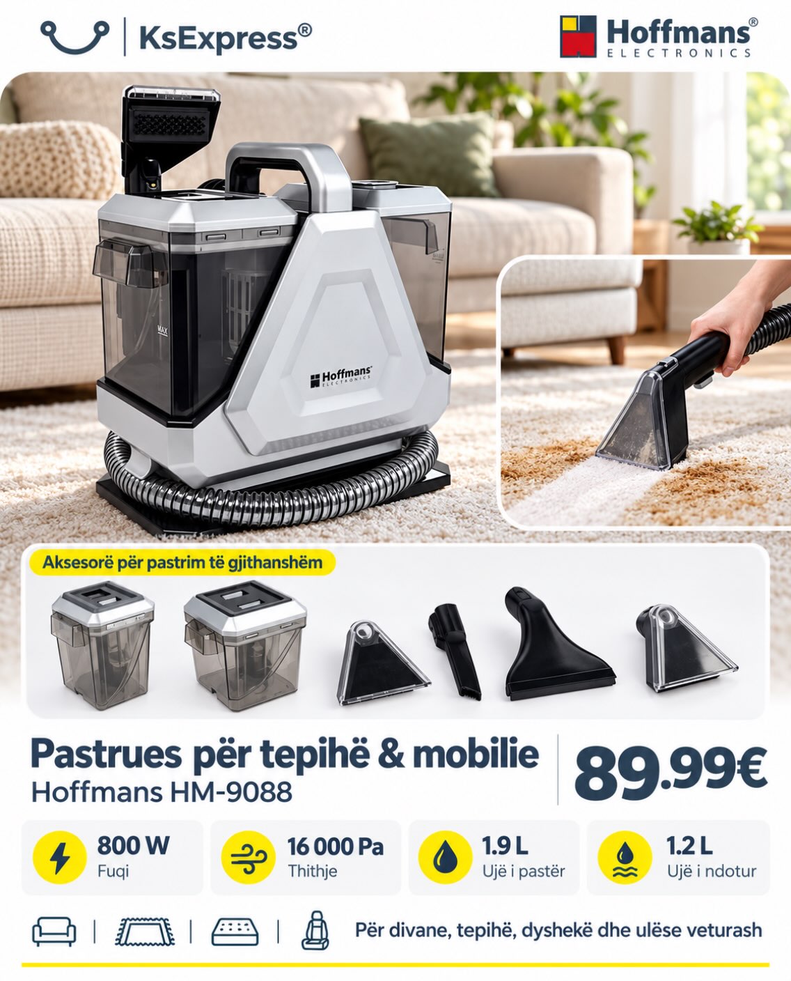 Pastrues tepihësh dhe mobiliesh Hoffmans HM-9088 800W – Kosova Mall