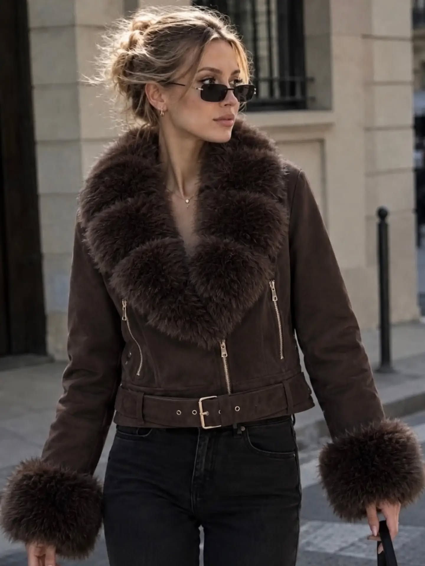 Xhaketë kafe me jakë dhe manshete gëzofi – London Look
