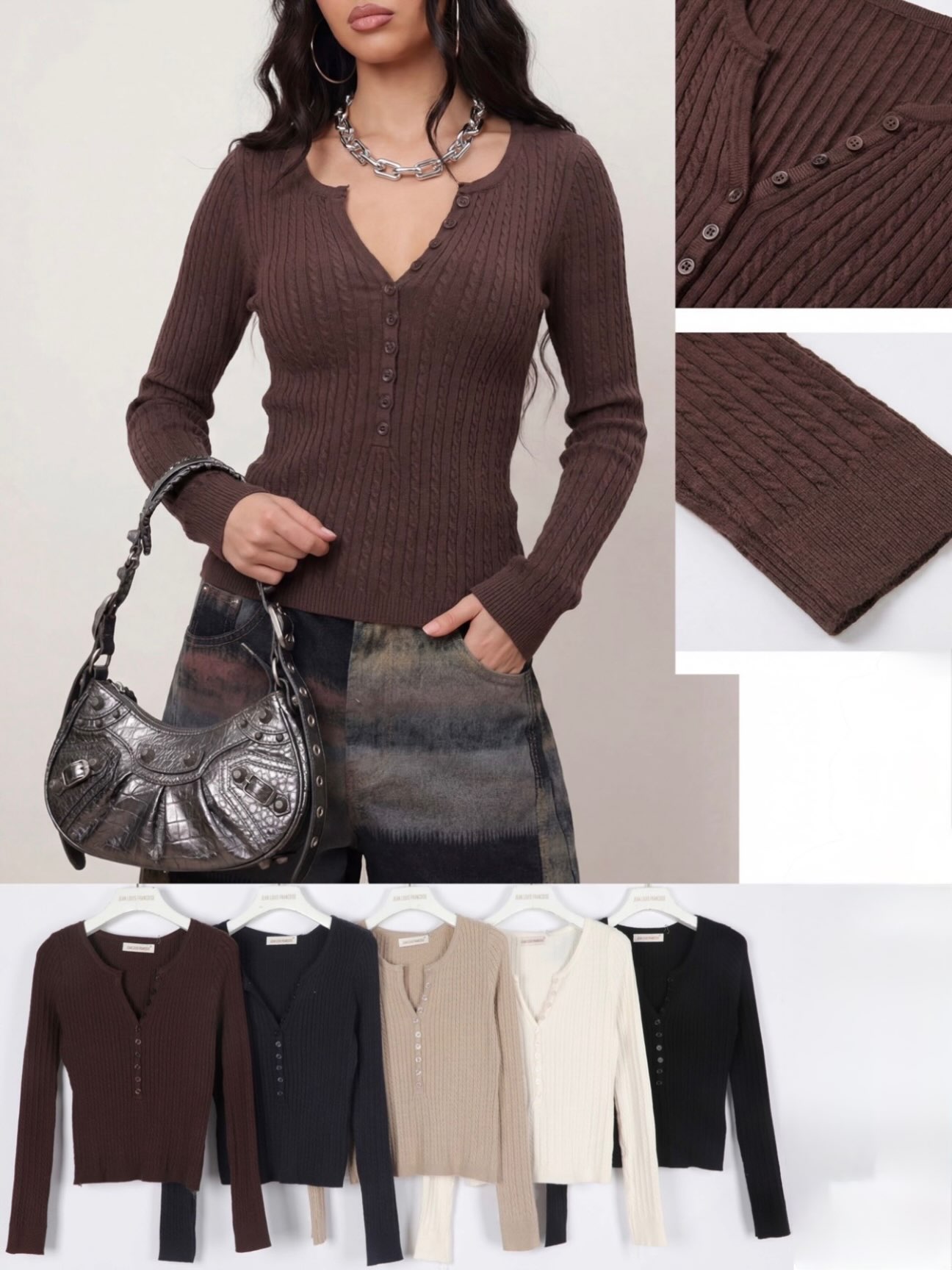 Bluzë femrash kafe me kopsa dhe jakë V – Luma Fashion