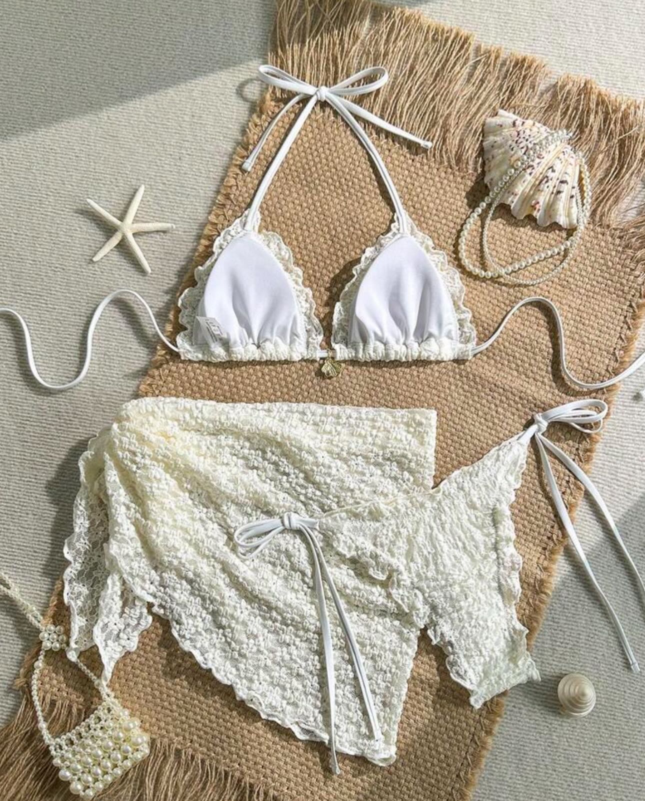 Bikini e bardhë me dantellë dhe pareo – M’store -online (2)