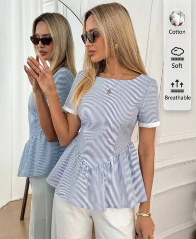 Bluzë pambuku me vija blu dhe peplum